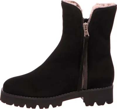 A black winter boot with a zipper and fur lining, shown from the side against a white background.