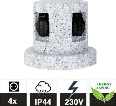 Produktbild von Grafner Gartensteckdose in Steinoptik mit 4 Steckdosen, IP44, 3680W / 16A, rund, Energiesäule Mehrfachsteckdose Außen Outdoor Stein Optik Außensteckdose 4-fach Granit spitzwassergeschützt Felsen