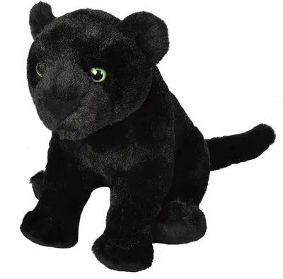 A plush toy black panther sitting on a white background.