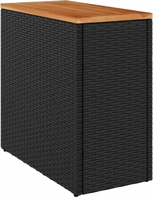 A black rattan side table with a wooden top.