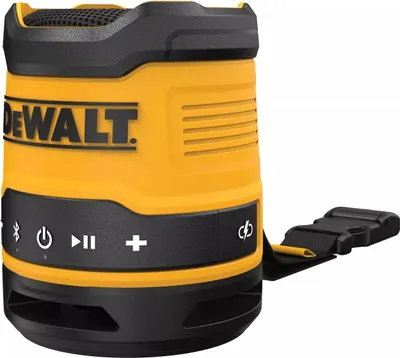 A yellow and black DeWalt Bluetooth speaker is shown against a white background.