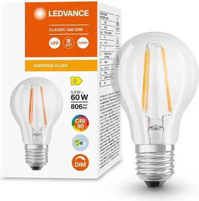 Produktbild von LED-Glühbirne E27, A60, 5,8W = 60W, 806lm, 4000K (neutralweiß), Farbwiedergabeindex (CRI) 90, Filament, dimmbar, LEDVANCE Superior