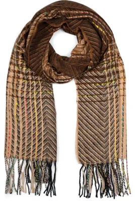 Produktbild von styleBREAKER Damen Feinstrick Schal mit bunt gestreiftem Zick-Zack Muster und Fransen, warme Winter Stola mehrfarbig 01017149