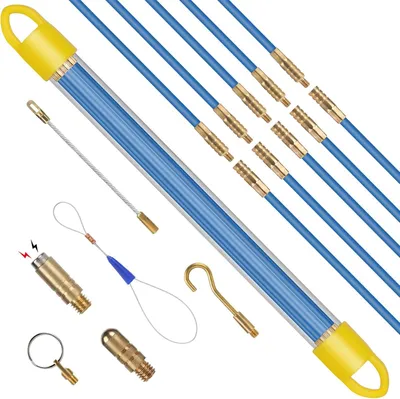 Produktbild von Kabeleinziehhilfe Fiberglas 3,3 m - 10 x Kabelverlängerungsstäbe 33 cm - Einziehdraht Ø 4 mm - Einziehhilfe mit Kabelbefestigung - Lehrrohr