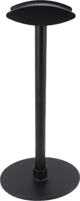 A black metal headphone stand with a circular base and a curved top.