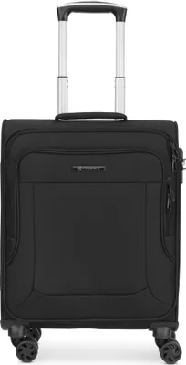 A black four-wheeled carry-on suitcase with a retractable handle.