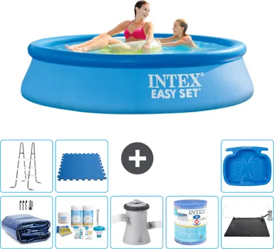 Produktbild von Intex runder aufblasbarer Easy Set-Pool – 244 x 61 cm – Blau – im Lieferumfang enthalten Sonnensegel - Wartungspaket - Filterpumpe für Schwimmbad - Filter - Solarmatte - Leiter