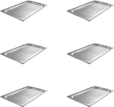 Zdjęcie produktu dla AcMax, 6 sztuk, pojemniki GN 1/1, standard gastronomiczny, pojemniki ze stali nierdzewnej, pojemność 2,5 litra, głębokość 20 mm, standard gastronomiczny, perforowane