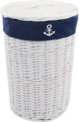 A white wicker laundry basket with a navy blue band and an anchor emblem.