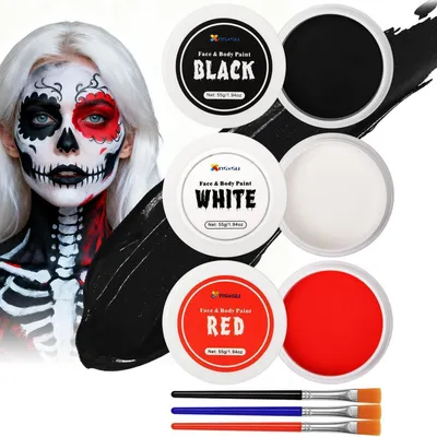 Obrázok produktu pre Sada na líčenie na Halloween: biela, čierna, červená farba na tvár a telo, pre dospelých, 3x 55g