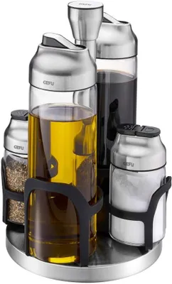 Imagen del producto de Conjunto Ménage de 5 piezas: juego de vinagre y aceite, y doser de especias, fabricados en vidrio y acero inoxidable