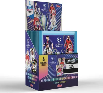 A display box of Topps Champions League sticker packs for the 2024/25 season.