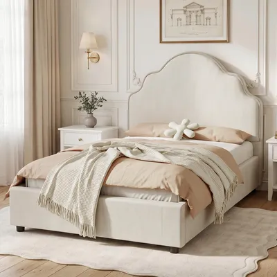 Produktbild von Merax Polsterbett Kinderbett 90x200cm mit gepolstertem Kopfteil, Einzelbett mit Leinenbezug, weiches Design, Lattenrost inklusive, Beige