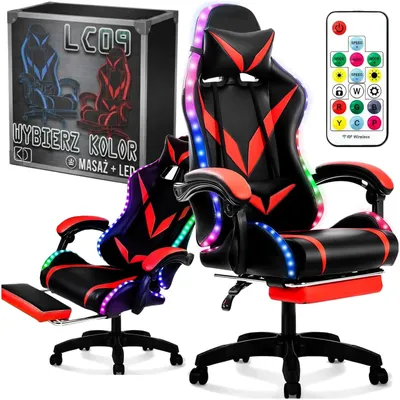 Zdjęcie produktu dla Fotel gamingowy LAZYhome dla gracza kubełkowy krzesło biurowe Podnóżek + Masaż + LED Czerwony