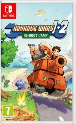 The cover art for the Nintendo Switch game Advance Wars 1+2: Re-Boot Camp, featuring characters on a tank.