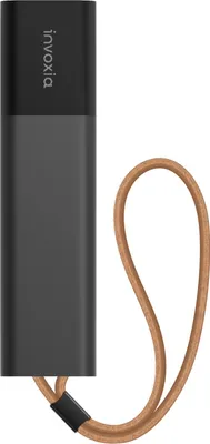 A product shot of a black and gray Invoxia GPS tracker with a brown lanyard.