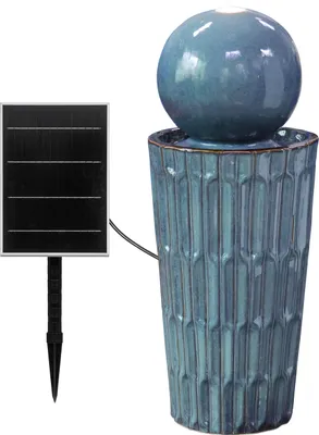 Produktbild von Dehner Gartenbrunnen Altona, Solarbrunnen frostbeständig, Komplett-Set mit warmweißer Solar-Beleuchtung / Pumpe / Trafo, Höhe 72.5 cm, Ø 30 cm, Keramik, blau