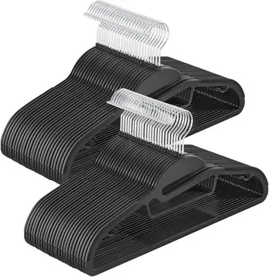 Produktbild von Famanu Kleiderbügel Set 50 Stück - U-förmige Öffnung, Antislip, Platzsparend, 0,5 cm dick, 41,5 cm lang, 360° drehbare Haken, schwarz