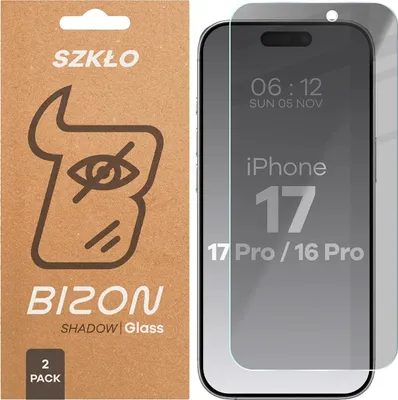 Produktbild von Gehärtetes Glas mit Privatschutzfilter für iPhone 17 / 17 Pro / 16 Pro, Bizon Glass Clear Shadow Duo, getönt, 2 Stück