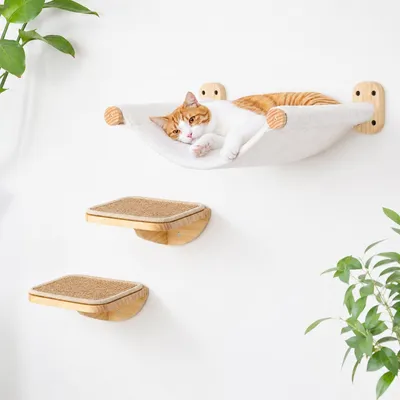 Produktbild von Katzenhängematte Kratzbaum Katzenwand Set - 3-teilig - Sisal und Holzstufen - Schwarz
