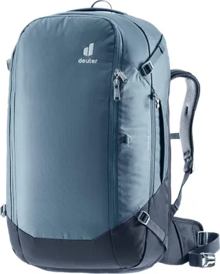 A front view of a blue and black Deuter backpack against a white background.