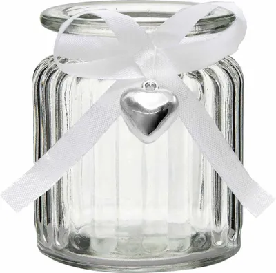 Produktbild von 12 x Windlichter "Jana"  H 9 cm +  Dekoband + 12 Herzen mit Öse zum Hängen Glaswindlichter Teelichtgläser