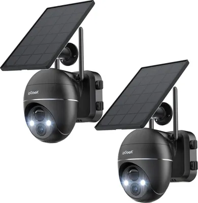 Two black outdoor security cameras with solar panels, shown against a white background.