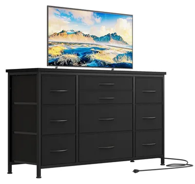 Image de Commode avec 10 tiroirs en tissu et 3 prises, meuble TV, étagère, idéal pour l'entrée, le couloir ou le salon, dimensions : 121 cm, couleur : noir