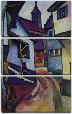 Produktbild von Leinwandbild 3-teilig (80x120cm): August Macke - Straße mit Kirche in Kandern, echter Holz-Keilrahmen inkl. Aufhänger, handgefertigt in Deutschland
