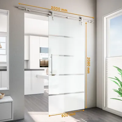 Produktbild von inova Glasschiebetür 900 x 2080 mm, Blockstreifen, Komplettset mit offener Laufschiene in Edelstahloptik und Stangengriff, ohne Softclose
