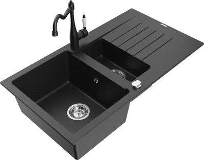 Produktbild von Mexen Matias 1,5-Becken-Granitspüle mit Abtropffläche und Mischbatterie Carla Schwarz/Silbermetallic - 6502-73-670700-70