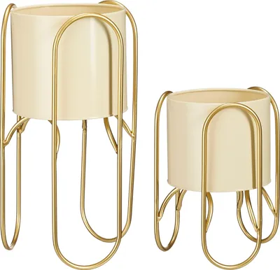 Produktbild von Mica Decorations Donau Blumentopf auf Ständer - 2er-Set - Metall - H45 x Ø23 cm - Hellgelb, Gold