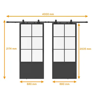 Produktbild von inova Doppelflügelige Loft-Glasschiebetür 1760 x 2035 mm, 6 Felder Klarglas, Stahlrahmen Schwarz, Komplettset, Softclose beidseitig
