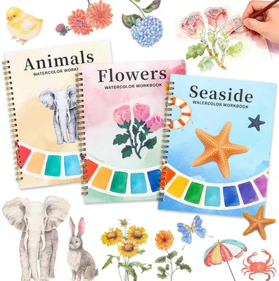 Productafbeelding van Set van 3 aquareloefeningsboeken met schetsen, 12 pagina's kleurpatronen, aquarelkleurboeken voor volwassen beginners