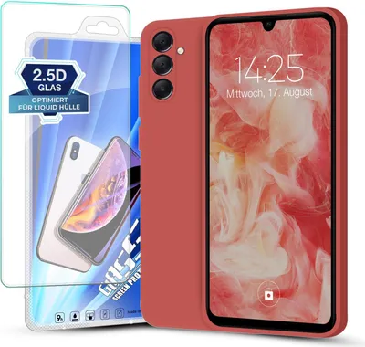 A red phone case and screen protector are displayed next to each other on a white background.
