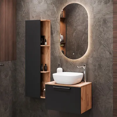 A modern bathroom vanity with a sink, faucet, mirror, and storage cabinets.