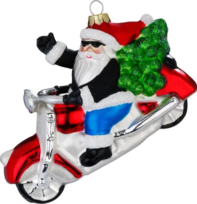 Produktbild von Christbaumschmuck Glas 11cm Weihnachtsmann auf Motorrad Rot / Weiß