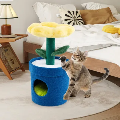 Produktbild von COSTWAY Kratzbaum Klein, 72cm hoch, Katzenbaum mit Katzenhöhle, Blumen-Plattform, Kratzstamm & Blättern, Katzenkratzbaum Katzen Katzenmöbel Blau+Gelb