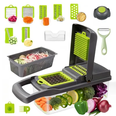 Image de Coupe-légumes 16 en 1, râpe à légumes – Hachoir de cuisine multifonctionnel pour couper en dés, en bâtonnets, en rondelles et en lamelles, hachoir à légumes en ABS robuste