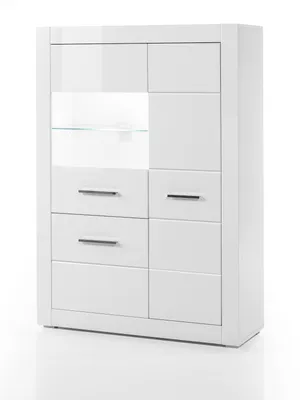 A white high-gloss display cabinet with glass shelves and drawers.