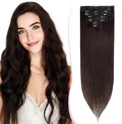 Image de Extensions à clipser, cheveux naturels, lisses, 25 cm, 50 g, 8 pièces, brun foncé