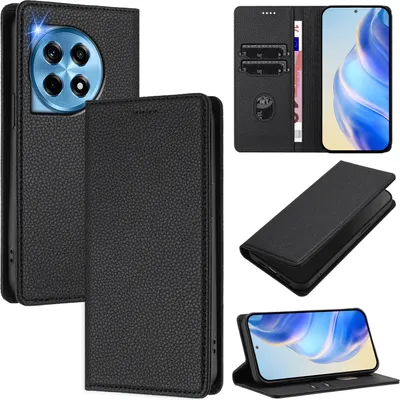 Immagine prodotto di Custodia in pelle per OnePlus 12, pelle Litschi, custodia a portafoglio con slot per carte e supporto Nero