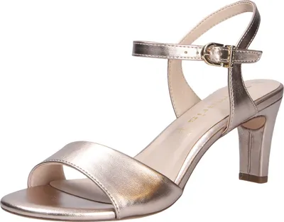 A single gold sandal is shown against a white background.