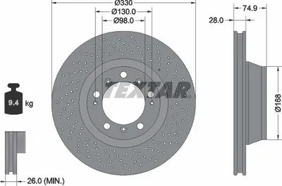 Produktbild von TEXTAR Pro+ Bremsscheibe Hinten Rechts für PORSCHE 911 (996) 330mm 92219005