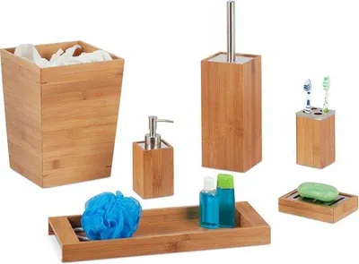 Productafbeelding van Famanu Badkameraccessoires set - 6-delig - Bamboe - Zeepdispenser - Toiletborstelhouders - Opbergplank