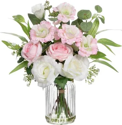 Immagine prodotto di Rosa artificiale con vaso di vetro - Eucalipto - Decorazioni per feste di matrimonio - Composizione floreale - Decorazione per davanzale