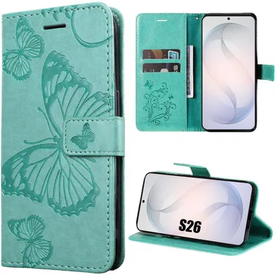 Image de Coque pour Samsung Galaxy S26, Protection Flip Case Antichoc en Simili Cuir Motif Papillons - Vert