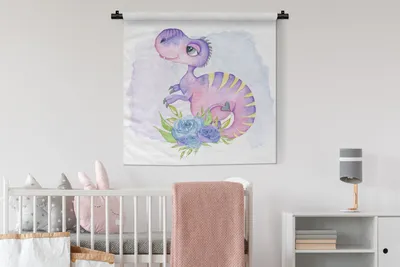 Produktbild von MuchoWow® Wandteppich Wandbehang Dinosaurier - Kinderzimmer - Aquarell - Mädchen - Kinder - Rosa 90x90 cm Tapisserie Dekoration Wandtuch - Wandaufhänger