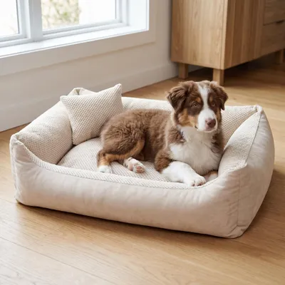 Produktbild von 4L Textil TEO Hundekorb mittelgroße Hunde Kuscheliges Hundebett mit Bezug Hundekissen flauschig Hundekörbchen Hundesofa (100x80 cm, Beige), KI-generiertes Bild