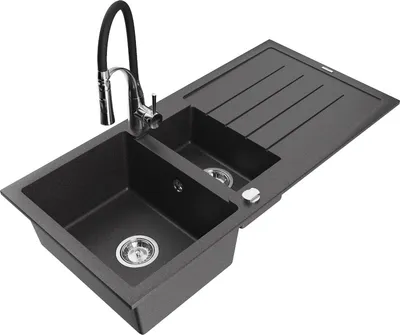 Produktbild von Mexen Andres 1,5-Becken-Granitspüle mit Abtropffläche und Mischbatterie Aster, Schwarz gesprenkelt - 6515-76-73450-07